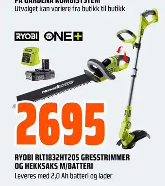 Obs Bygg RYOBI RLT1832HT20S GRESSTRIMMER OG HEKKSAKS M/BATTERI tilbud