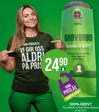 Kiwi 100% GROVT 750 g Bakehuset Nord-Norge, Bakeriet, pr. kg 33,20 tilbud