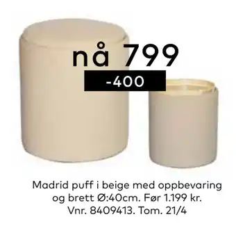 Skeidar Madrid puff i beige med oppbevaring og brett tilbud