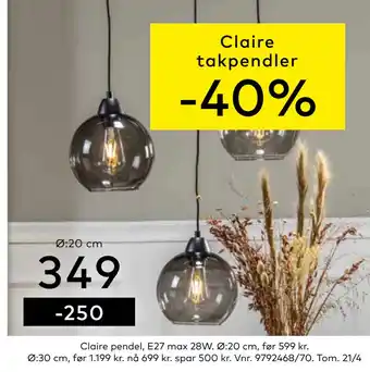 Skeidar Claire pendel, E27 max 28W. Ø:20 cm tilbud