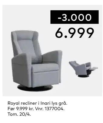 Skeidar Royal recliner i Inari lys grå tilbud