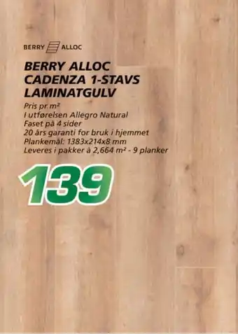 Coop Byggmix BERRY ALLOC CADENZA 1-STAVS LAMINATGULV tilbud