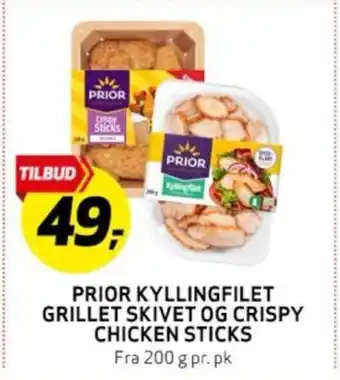 Bunnpris PRIOR KYLLINGFILET GRILLET SKIVET OG CRISPY CHICKEN STICKS tilbud