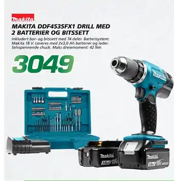 Coop Byggmix MAKITA DDF453SFX1 DRILL MED 2 BATTERIER OG BITSSETT tilbud
