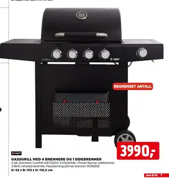 jem & fix GASSGRILL MED 4 BRENNERE OG 1 SIDEBRENNER tilbud