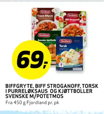 Bunnpris BIFFGRYTE, BIFF STROGANOFF, TORSK I PURRELØKSAUS OG KJØTTBOLLER SVENSKE M/POTETMOS tilbud