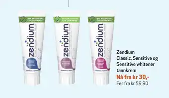 Apotek 1 Zendium Classic, Sensitive og Sensitive whitener tannkrem tilbud