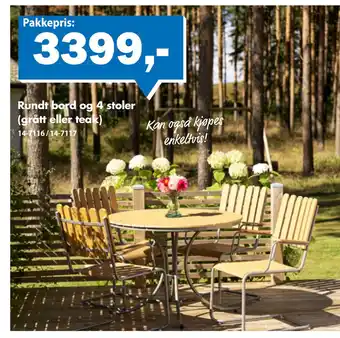 Rundt bord og 4 stoler (grått eller teak)