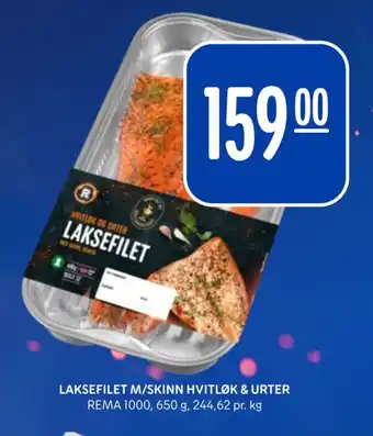 Rema 1000 LAKSEFILET M/SKINN HVITLØK & URTER tilbud