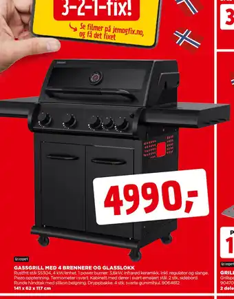 jem & fix GASSGRILL MED 4 BRENNERE OG GLASSLOKK tilbud