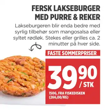 Meny FERSK LAKSEBURGER MED PURRE & REKER tilbud