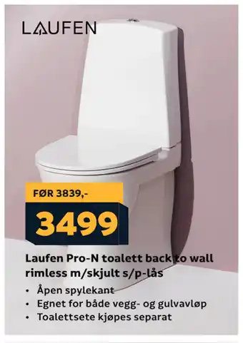 Megaflis Laufen Pro-N toalett back to wall rimless m/skjult s/p-lås tilbud