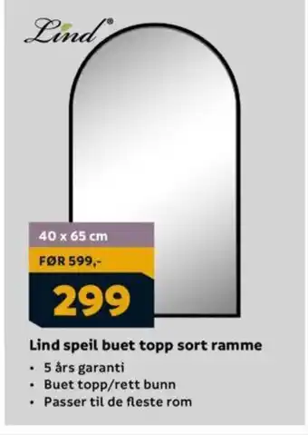 Megaflis Lind speil buet topp sort ramme tilbud