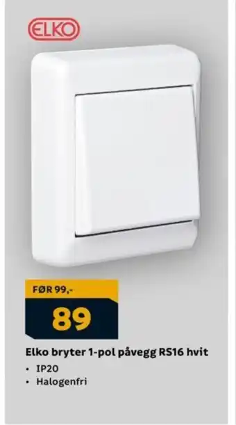 Megaflis Elko bryter 1-pol påvegg RS16 hvit tilbud
