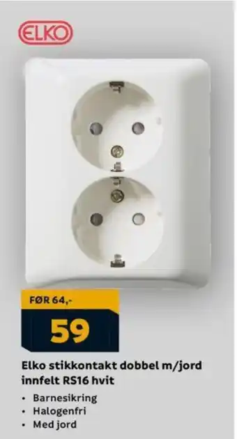 Megaflis Elko stikkontakt dobbel m/jord innfelt RS16 hvit tilbud