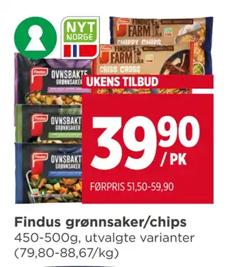 Meny Findus grønnsaker/chips tilbud