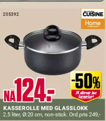 Europris KASSEROLLE MED GLASSLOKK 2,5 liter, 0:20 cm, non-stick. tilbud