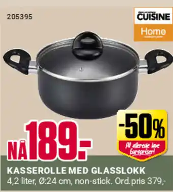 Europris KASSEROLLE MED GLASSLOKK 4,2 liter, 0:24 cm, non-stick. tilbud