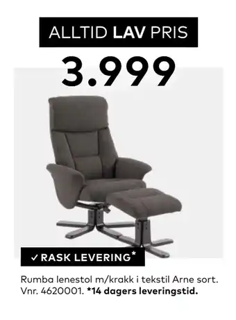 Skeidar Rumba lenestol m/krakk i tekstil Arne sort tilbud