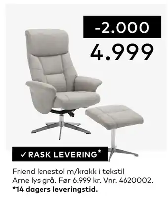 Skeidar Friend lenestol m/krakk i tekstil Arne lys grå tilbud