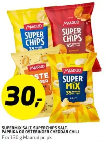 Bunnpris SUPERMIX SALT, SUPERCHIPS SALT, PAPRIKA OG OSTERINGER CHEDDAR CHILI tilbud