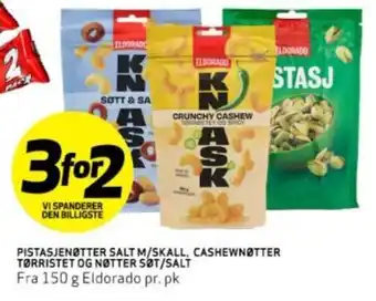 Bunnpris PISTASJENØTTER SALT M/SKALL, CASHEWNØTTER TØRRISTET OG NØTTER SOT/SALT tilbud