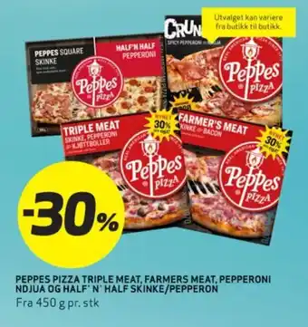 Bunnpris PEPPES PIZZA TRIPLE MEAT, FARMERS MEAT, PEPPERONI NDJUA OG HALF N' HALF SKINKE/PEPPERON tilbud