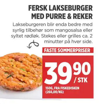 Meny FERSK LAKSEBURGER MED PURRE & REKER tilbud