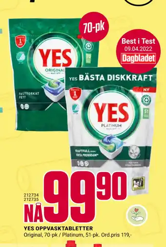 Europris YES OPPVASKTABLETTER tilbud