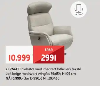 Bohus ZERMATT hvilestol med integrert fothviler i tekstil Loft beige med svart svingfot tilbud
