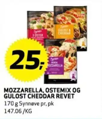 Bunnpris MOZZARELLA, OSTEMIX OG GULOST CHEDDAR REVET tilbud