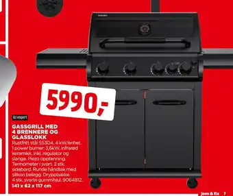 jem & fix GASSGRILL MED 4 BRENNERE OG GLASSLOKK tilbud