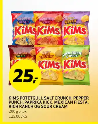 Bunnpris KIMS POTETGULL SALT CRUNCH, PEPPER PUNCH, PAPRIKA KICK, MEXICAN FIESTA, RICH RANCH OG SOUR CREAM tilbud
