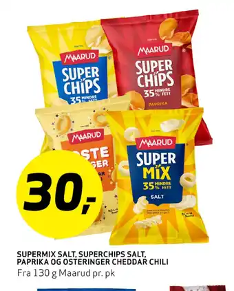 Bunnpris SUPER MIX SALT, SUPERCHIPS SALT, PAPRIKA OG OSTERINGER CHEDDAR CHILI tilbud