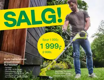Felleskjøpet Ryobi batteridrevet gresstrimmer RLT183250F tilbud