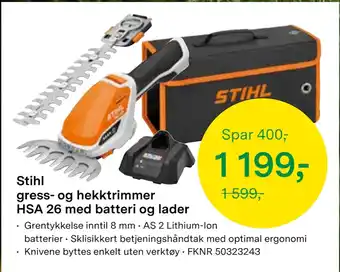 Felleskjøpet Stihl gress- og hekktrimmer HSA 26 med batteri og lader tilbud