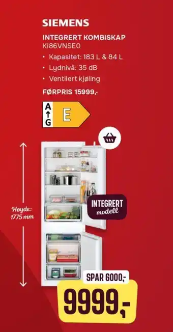 Skousen SIEMENS INTEGRERT KOMBISKAP KI86VNSEO tilbud