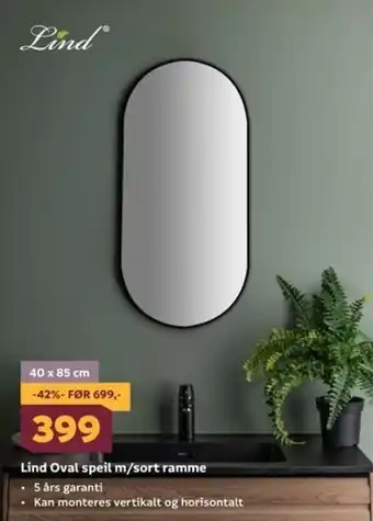 Megaflis Lind Oval speil m/sort ramme tilbud