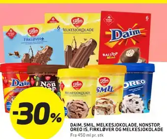 Bunnpris DAIM, SMIL, MELKESJOKOLADE, NONSTOP, OREO IS, FIRKLØVER OG MELKESJOKOLADE tilbud
