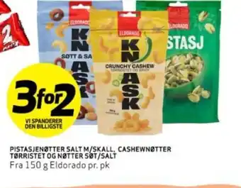 Bunnpris PISTASJENØTTER SALT M/SKALL, CASHEWNØTTER TØRRISTET OG NØTTER SOT/SALT tilbud