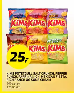 Bunnpris KIMS POTETGULL SALT CRUNCH, PEPPER PUNCH, PAPRIKA KICK, MEXICAN FIESTA, RICH RANCH OG SOUR CREAM tilbud