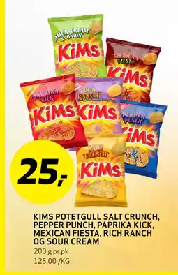 Bunnpris Kims Potetgull Salt Crunch, Pepper Punch, Paprika Kick, Mexican Fiesta, Rich Ranch og Sour Cream tilbud
