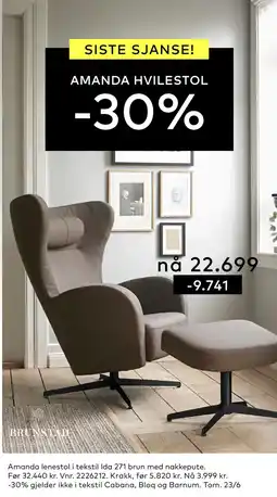 Skeidar Amanda lenestol i tekstil Ida 271 brun med nakkepute tilbud