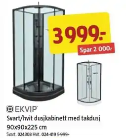 Jula Svart/hvit dusjkabinett med takdusj 90x90x225 cm tilbud