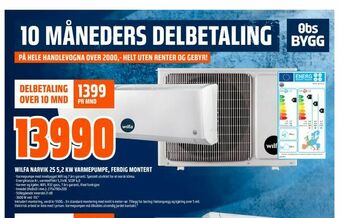 Obs Bygg Wilfa narvik 25 5,2 kw varmepumpe, ferdig montert tilbud