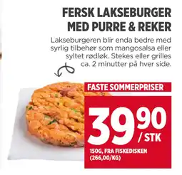Meny FERSK LAKSEBURGER MED PURRE & REKER tilbud