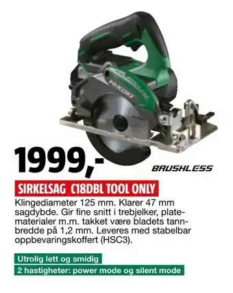 Bauhaus Sirkelsag c18dbl tool only tilbud