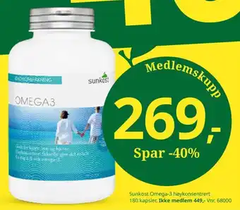 Sunkost Sunkost Omega-3 høykonsentrert 180 kapsler tilbud