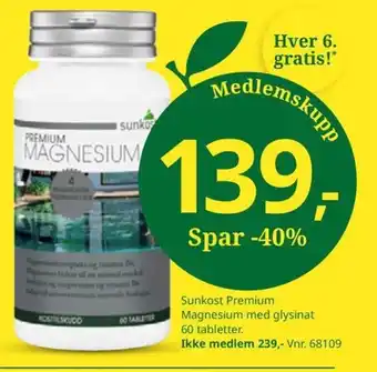 Sunkost Sunkost Premium Magnesium med glysinat 60 tabletter tilbud