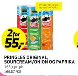Bunnpris PRINGLES ORIGINAL, SOURCREAM/ONION OG PAPRIKA tilbud
